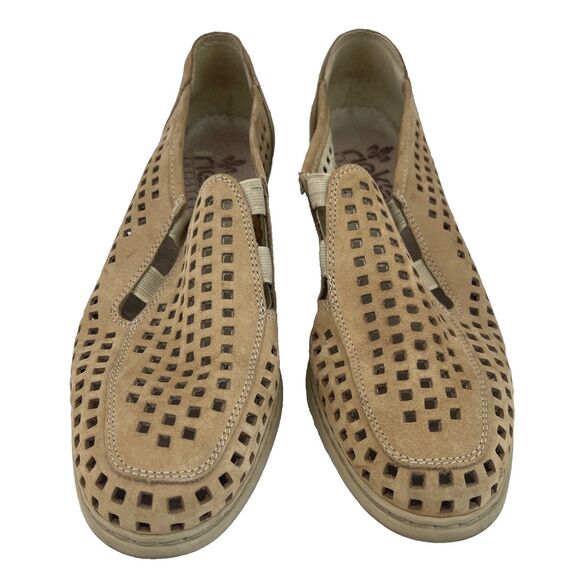 Rieker Antistress Womens 5.5 Slip On Loafers Shoes Suede Beige Laser Cut Out - Picture 3 of 5